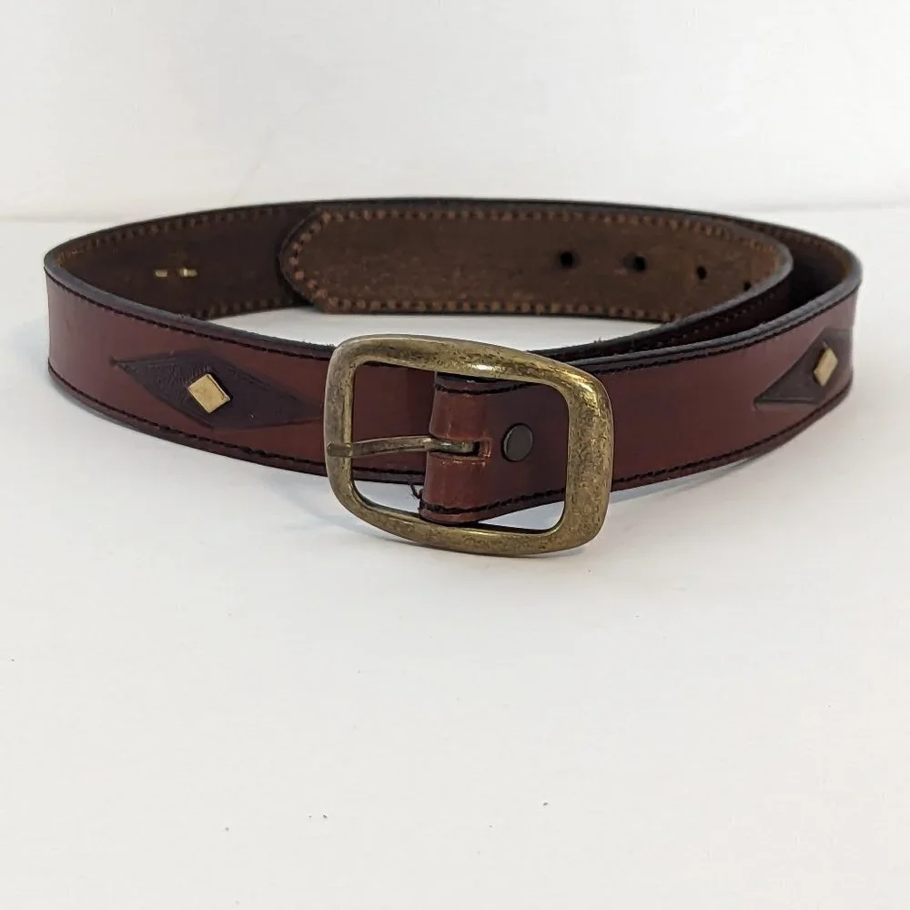 Western Leather Belt Diamond Pattern Geometric Bronze Tone Hardware‎ Vintage